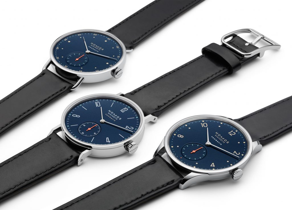 The new midnight blue watches of the neomatik series: from left to right, Metro, Tangente, and Minimatik.