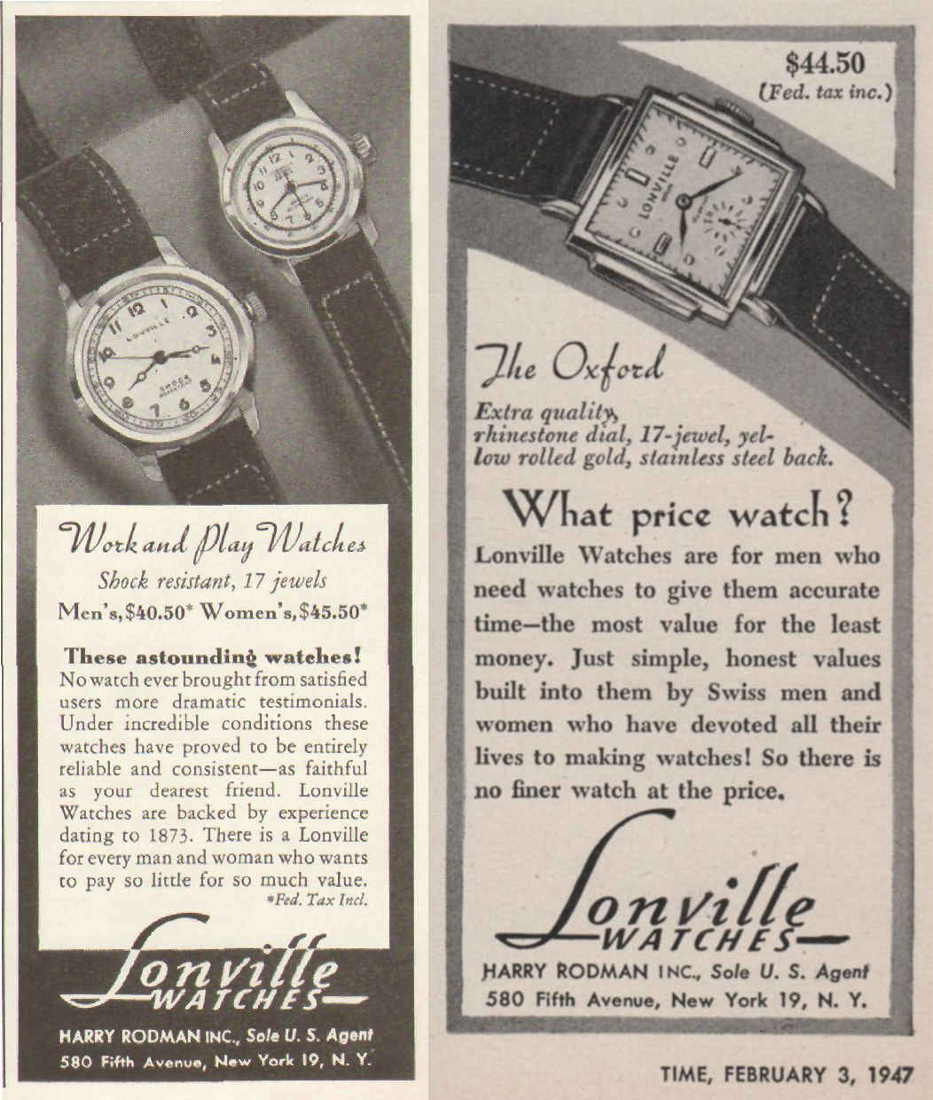 (L) 1948 Lonville Work and Play 17 Jewels Watch Advertisment. (R) 1947 Lonville Oxford 17-Jewel Dress Watch Advertisment.