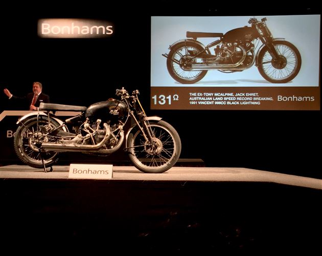 The record-setting 1951 Vincent Black Lightning on the auction block at the Bonhams motorcycle auction in Las Vegas. Photo courtesy of Bonhams. 