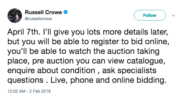 April 7th. I’ll give you lots more details later, but you will be able to register to bid online, you’ll be able to watch the auction taking place, pre auction you can view catalogue, enquire about condition, ask specialists questions. Live, phone and online bidding.